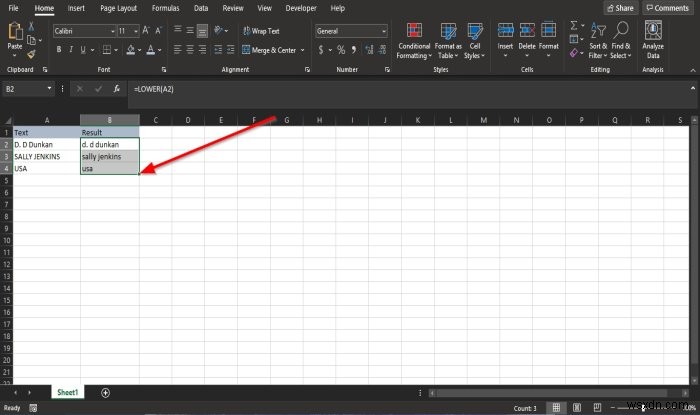 ExcelでLowerおよびUpper関数を使用してテキストの大文字と小文字を変更する方法 