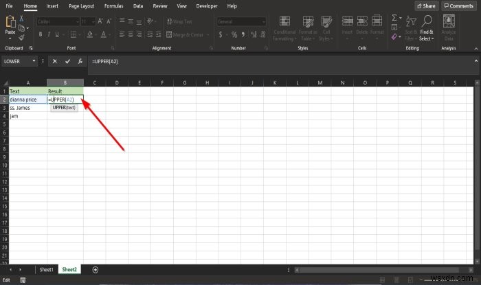 ExcelでLowerおよびUpper関数を使用してテキストの大文字と小文字を変更する方法 