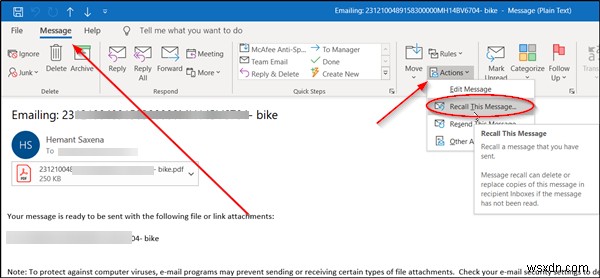 MicrosoftOutlookまたはOutlook365で電子メールメッセージを呼び出して置き換える方法 