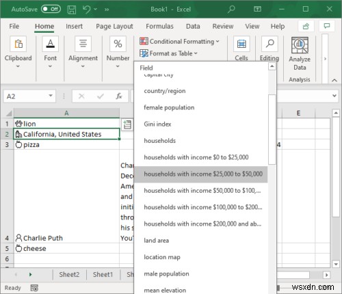 MicrosoftExcelで自動データ型機能を使用する方法 