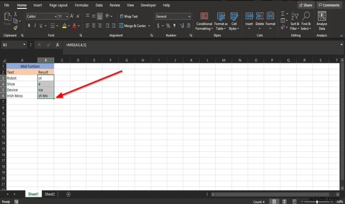 MicrosoftExcelでMIDおよびMIDB関数を使用する方法 