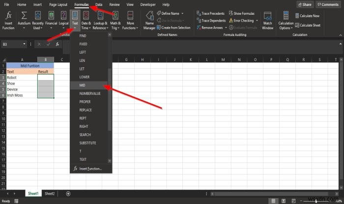 MicrosoftExcelでMIDおよびMIDB関数を使用する方法 