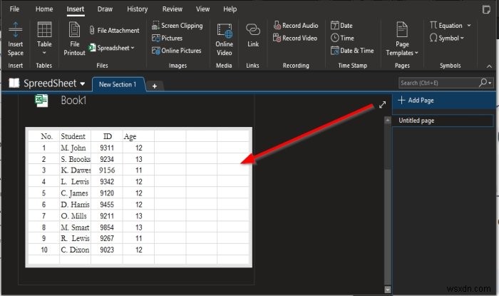 OneNoteにExcelスプレッドシートを挿入する方法 