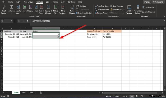 ExcelでNETWORKDAYS関数を使用する方法 