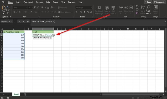 MicrosoftExcelでPercentile.Exc関数を使用する方法 