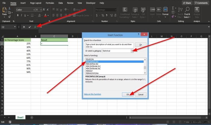 MicrosoftExcelでPercentile.Exc関数を使用する方法 