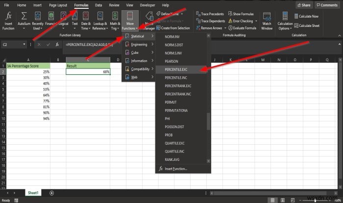 MicrosoftExcelでPercentile.Exc関数を使用する方法 