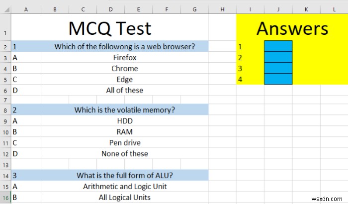 MicrosoftExcelで自動クイズを作成する方法 