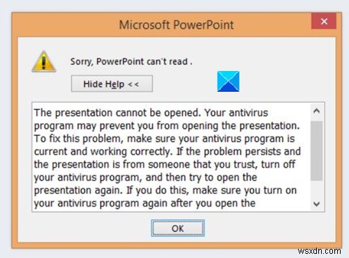 修正申し訳ありませんが、PowerPointはエラーメッセージを読み取ることができません 