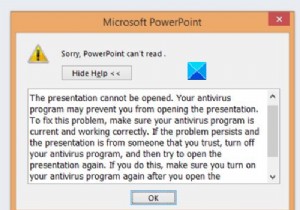 修正申し訳ありませんが、PowerPointはエラーメッセージを読み取ることができません 