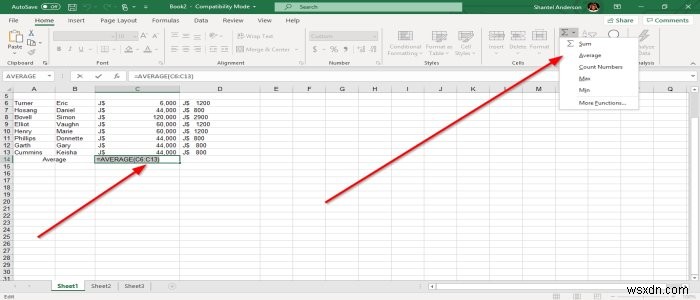 ExcelのMIN、Max、およびAVERAGE関数の使用方法 
