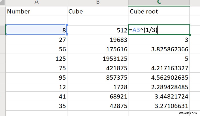 Excelを使用して数値の立方体と立方根を見つける方法 