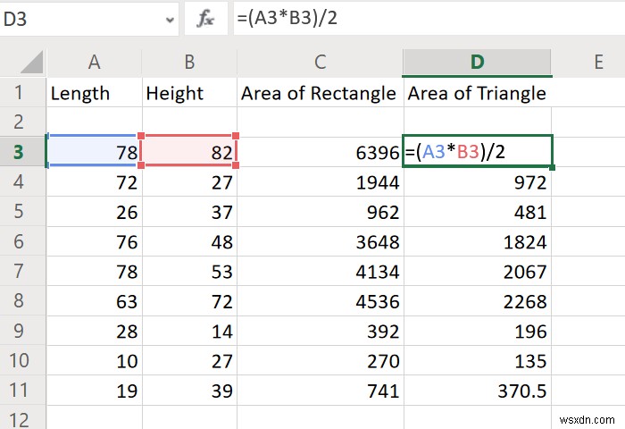 Excelで長方形、三角形、または円の面積を計算する方法 