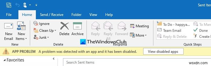 アプリまたはアドインで問題が検出されました–Outlookエラーメッセージ 