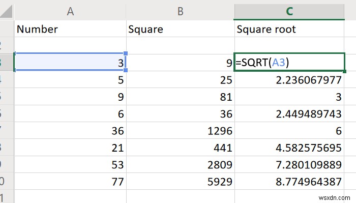 Excelで数値の平方根と平方根を見つける方法 