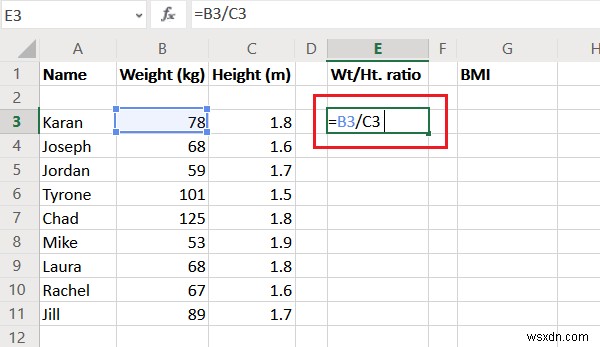 このBMI計算式を使用して、Excelで体重と身長の比率とBMIを計算します 