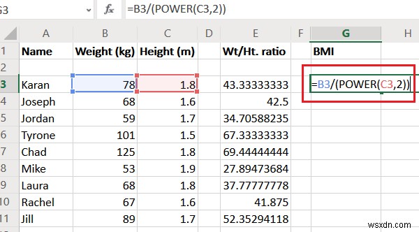 このBMI計算式を使用して、Excelで体重と身長の比率とBMIを計算します 