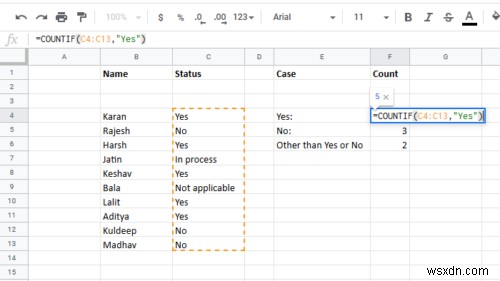 Excelで「はい」または「いいえ」のエントリの数を数える方法 