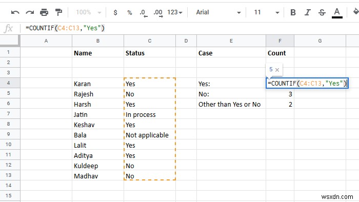 Excelで「はい」または「いいえ」のエントリの数を数える方法 