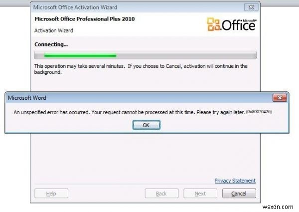 MicrosoftOfficeアクティベーションエラー0x80070426を修正 