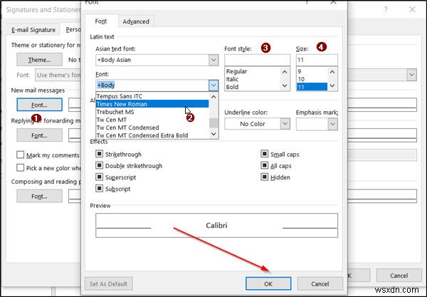Microsoft Outlookでデフォルトのフォント、色、スタイル、サイズを変更する方法 