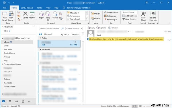 Outlookは、次の潜在的に危険な添付ファイルへのアクセスをブロックしました 
