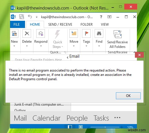 Outlookで要求されたアクションエラーを実行するために関連付けられた電子メールプログラムはありません 