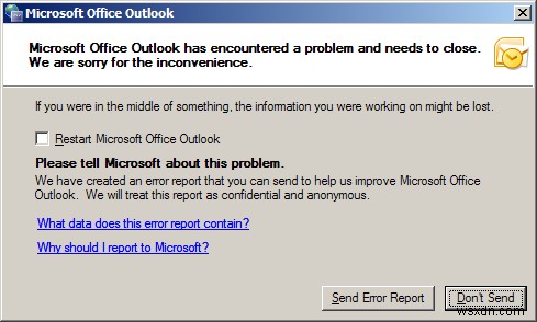 Microsoft Outlookで問題が発生し、閉じる必要があります 