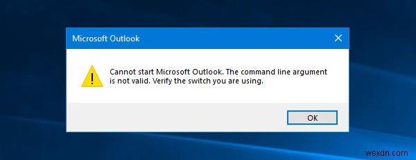 MicrosoftOutlookを起動できません。コマンドライン引数が無効です。 