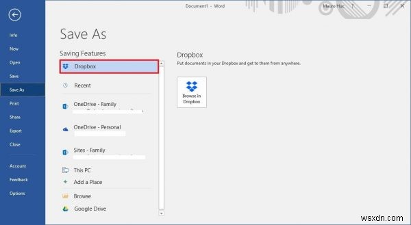 Dropbox、Googleドライブ、BoxをMicrosoftOfficeオンラインとして追加場所を保存 