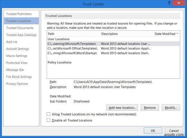 Microsoft Officeの信頼できる場所を追加、削除、または変更する 
