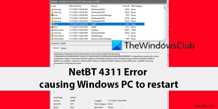 WindowsPCを再起動させるNetBTエラー4311を修正 