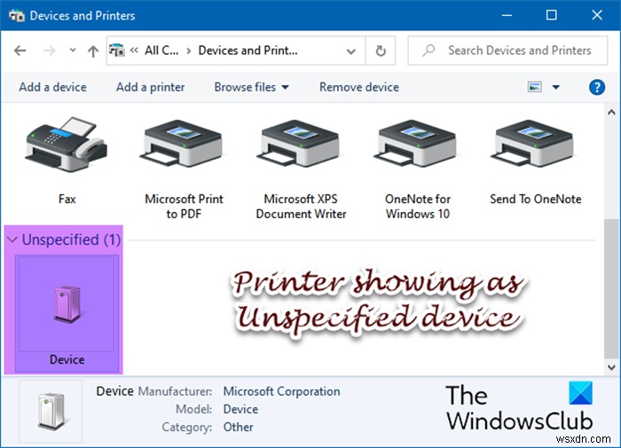 Windowsコンピューターで未指定のデバイスとして表示されているプリンター 