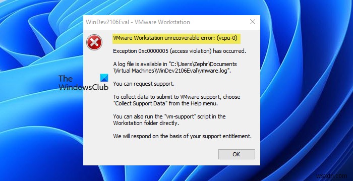 VMware Workstationの回復不能エラーを修正（vcpu-0） 