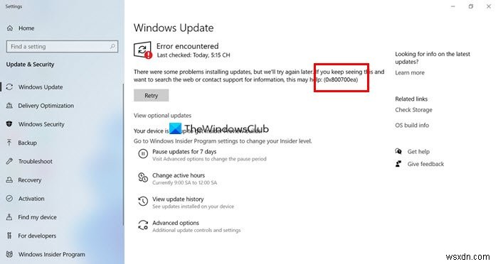 Windowsは次のアップデートのインストールに失敗しました、エラー0x800700ea 