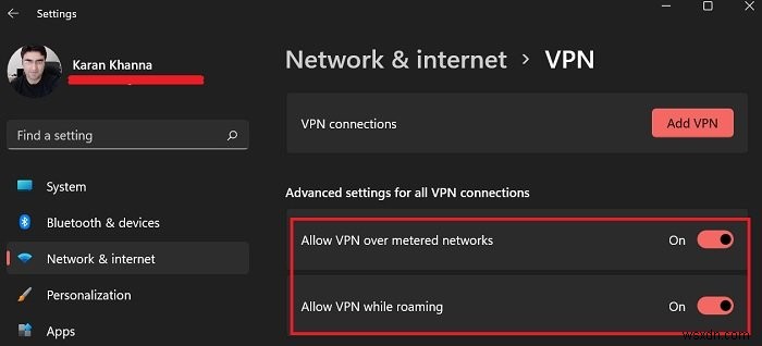 従量制接続を介して、Windows11コンピューターでローミング中にVPNを許可する方法 