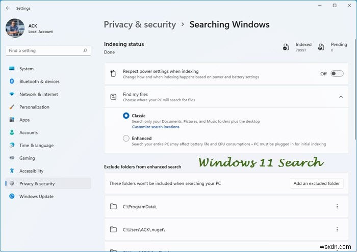 Windows11検索のインデックス作成オプションと設定を構成する方法 
