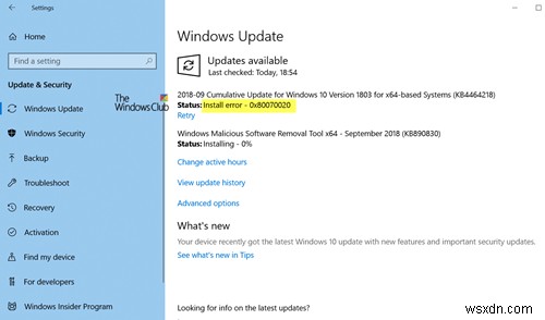 WindowsUpdateのインストールエラー0x80070020を修正します 