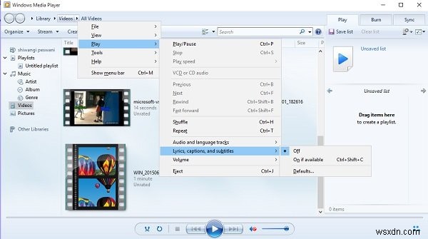 Windows 11/10のビデオの歌詞、キャプション、字幕を表示または非表示にする 