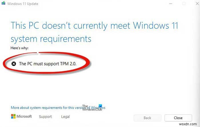 PCは、Windows11のインストール中にTPM2.0エラーをサポートする必要があります 