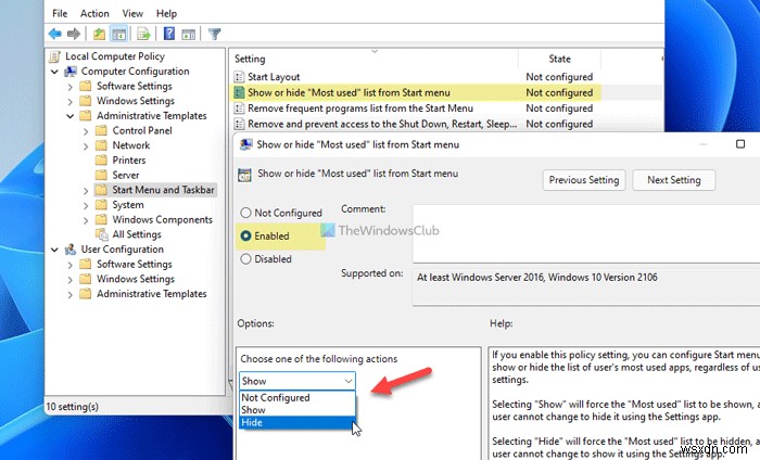 Windows11のスタートメニューで最もよく使用するアプリを表示または非表示にする方法 