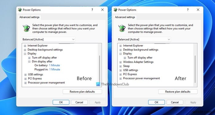 Windows11/10の電源オプションから後で薄暗い表示を表示または非表示にする方法 