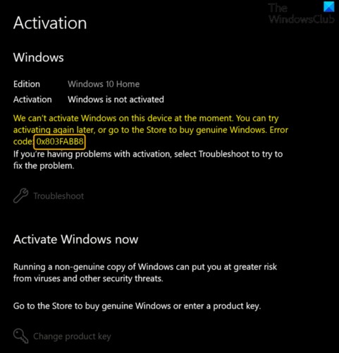 Windows11/10のアクティベーションエラーコード0x803FABB8を修正 