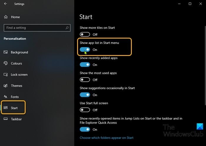 Windows11/10のスタートメニューですべてのアプリリストを追加または削除する方法 