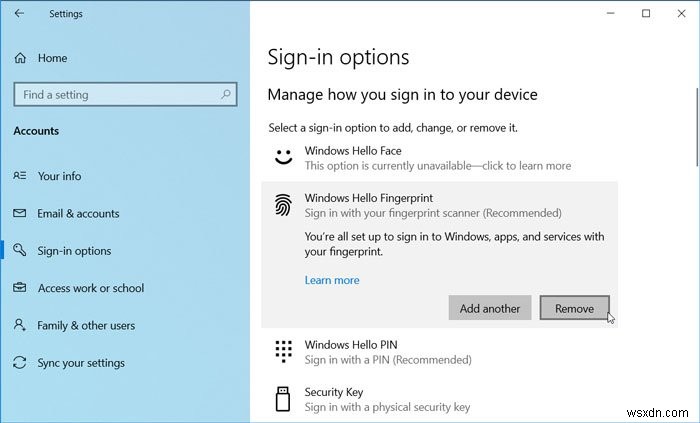 Windows11/10でWindowsHelloから指紋を削除する方法 