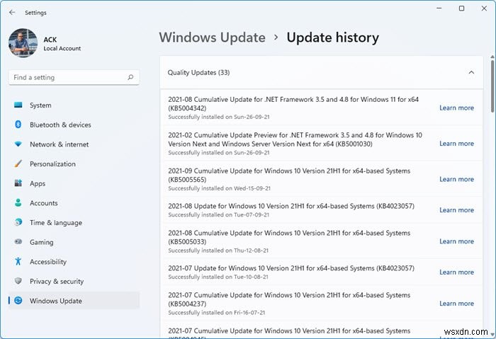 Windows11/10でWindowsUpdate履歴を探す場所 
