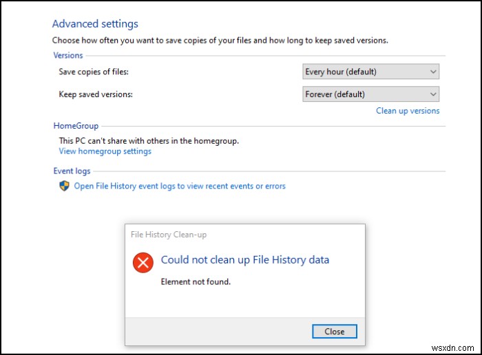 Windows10でファイル履歴要素が見つからないというエラーを修正 
