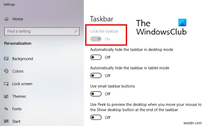 Windows10の設定でタスクバーのロックオプションを無効にする方法 