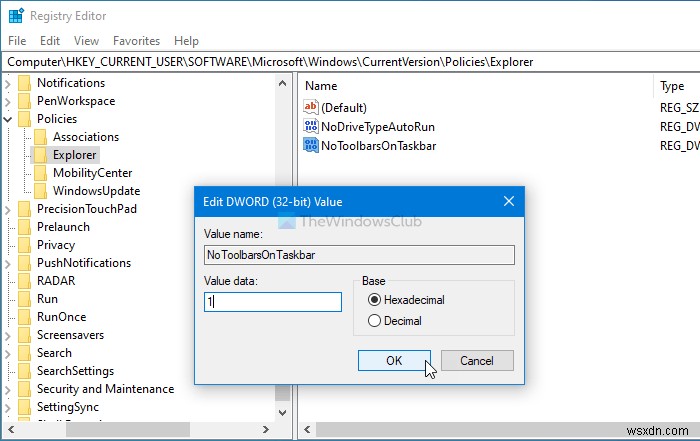 タスクバーのツールバーオプションを表示または非表示にする方法Windows10のコンテキストメニューを右クリックします 