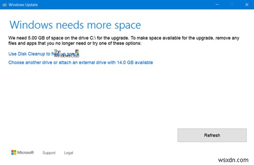 Windowsにはより多くのスペースが必要です：外部ストレージを使用してWindows11/10を更新します 